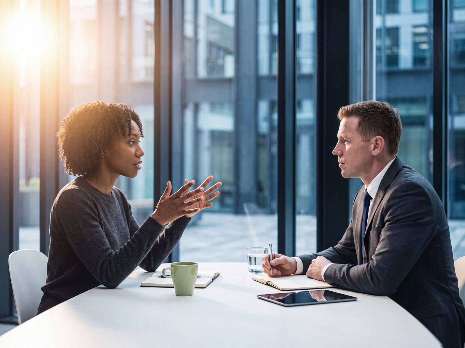 Two colleagues in a focused conversation at a conference table